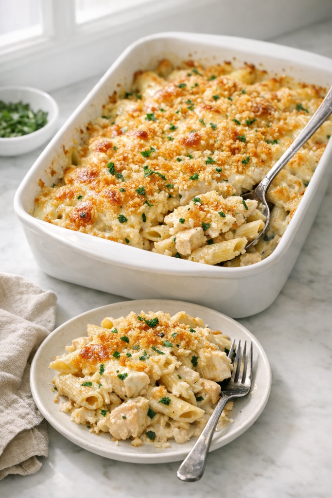 Photorealistic vertical 2:3 shot (for Pinterest) of creamy chicken pasta bake in a casserole dish with a plated portion beside it, golden cheesy top and crispy breadcrumbs, minimal props, bright natural window light, US food photography, no text, no logos, no watermark