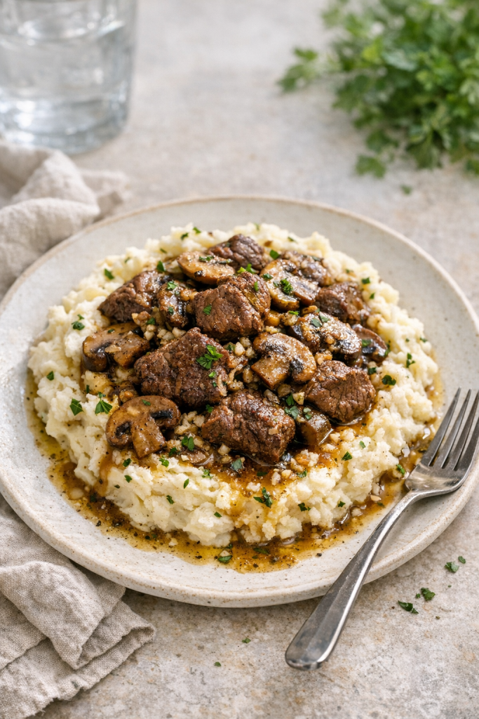 Photorealistic vertical 2:3 plated serving of beef and mushroom garlic butter skillet spooned over creamy mashed potatoes with herbs, sauce drizzled, simple linen napkin and fork beside the plate, natural window light, US food photography, no text, no logo, no watermark, 2200px height