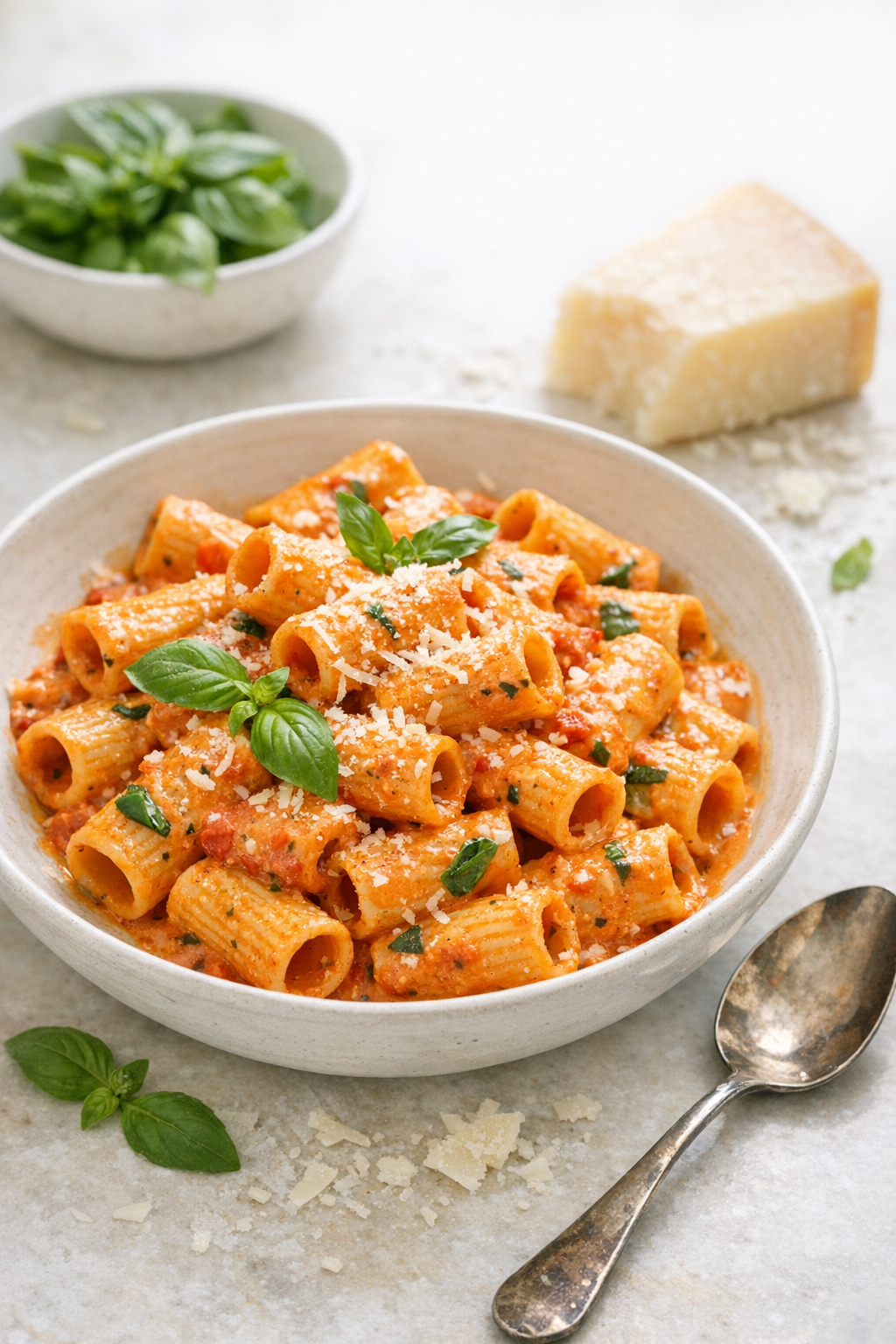 Photorealistic US food photography, natural light, vertical 2:3 composition (2200px height) of creamy tomato basil rigatoni on a light countertop with basil, Parmesan wedge, and spoon nearby, bright airy styling, shallow depth of field, no text, no logo, no watermark