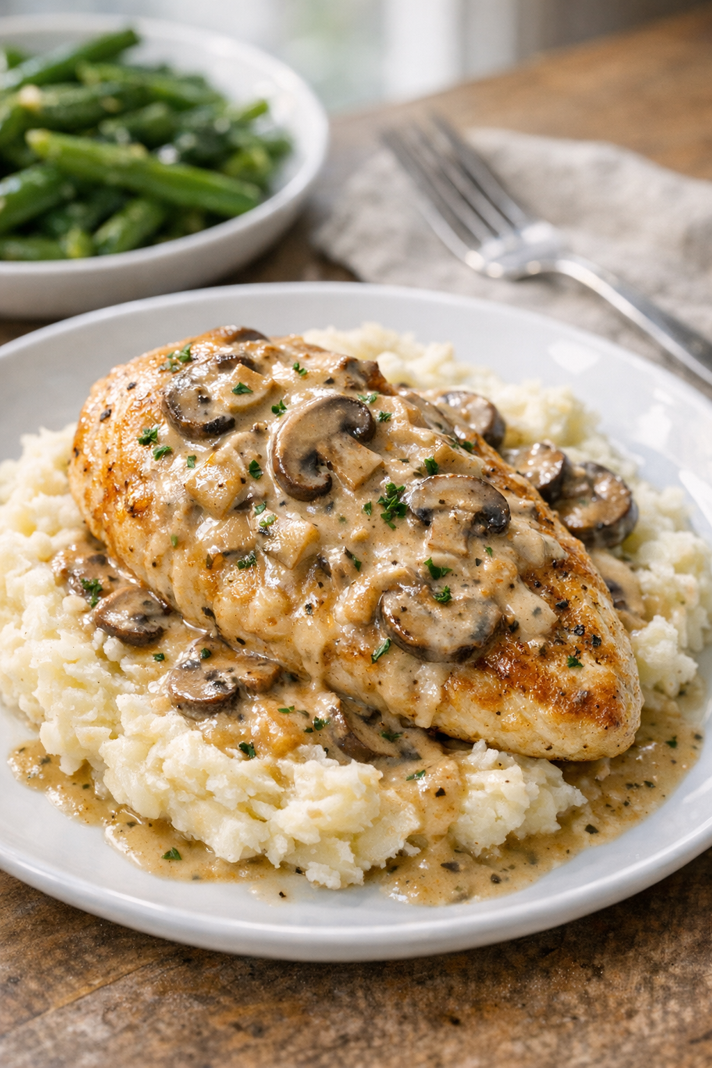 Photorealistic vertical 2:3 US food photography (2200px height) of a plated serving of creamy mushroom chicken over mashed potatoes with extra sauce spooned on top, side of green beans blurred in background, natural window light, realistic and appetizing, no text, no logo, no watermark