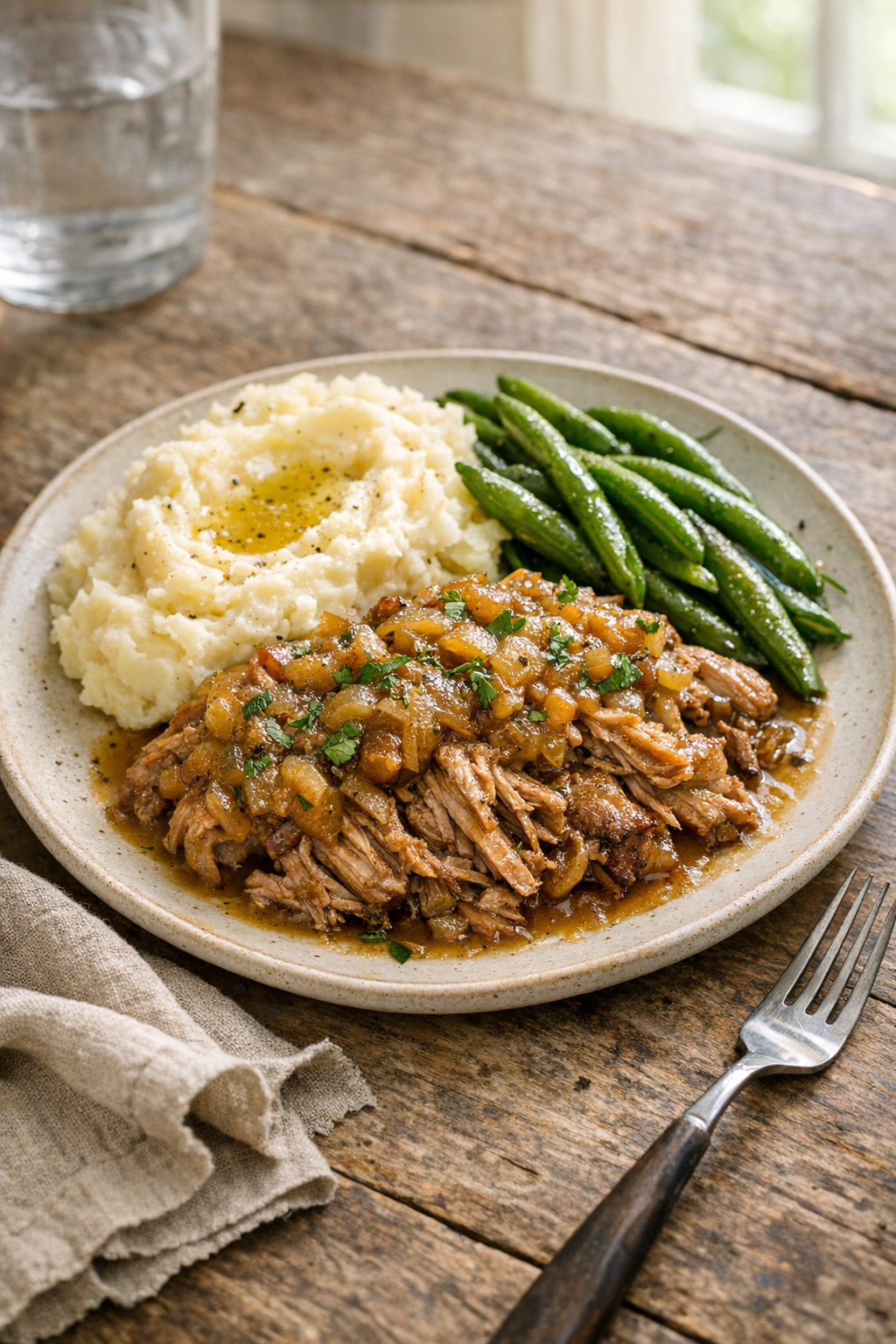 Photorealistic vertical 2:3 shot of a plated slow cooker pork dinner on a rustic table—pork topped with onion herb sauce, mashed potatoes and green beans beside it, linen napkin and fork in frame, natural window light, appetizing and realistic, US food photography, no text or logos (2200px height)