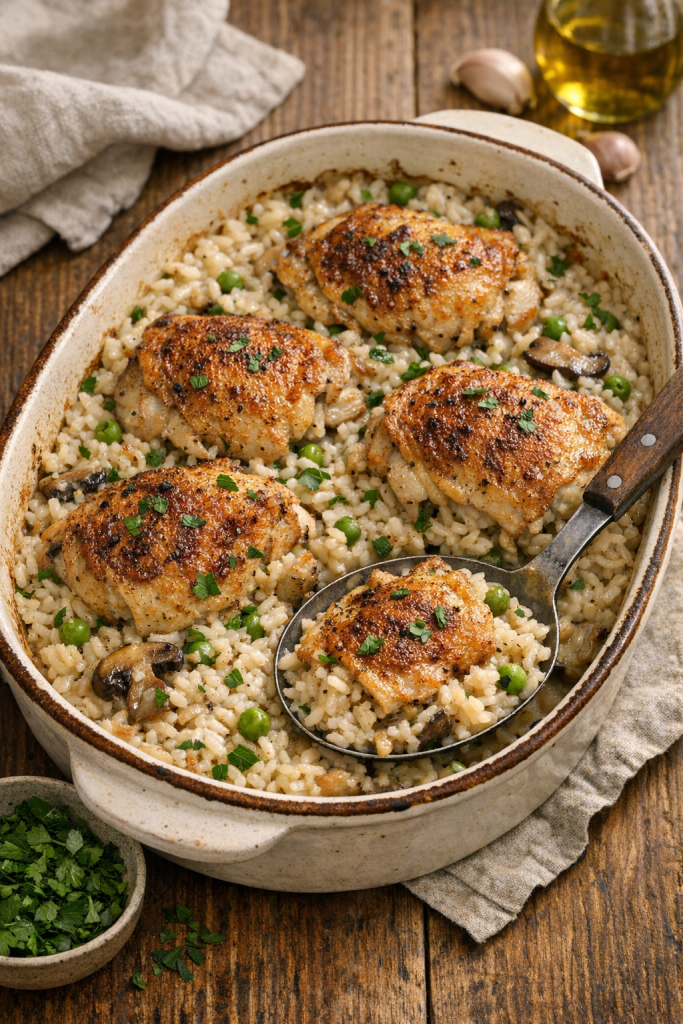 Photorealistic vertical 2:3 image of a rustic chicken and rice casserole in a ceramic baking dish on a wooden table with a serving spoon, a small bowl of chopped parsley nearby, cozy natural light, sharp detail on the browned chicken and creamy rice, US food photography, no text, no logo, no watermark, 2200px height