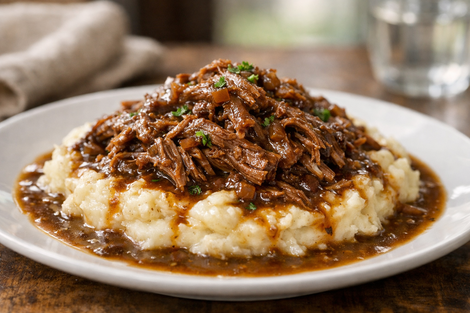 Slow-Cooked Beef with Garlic Mashed Potatoes