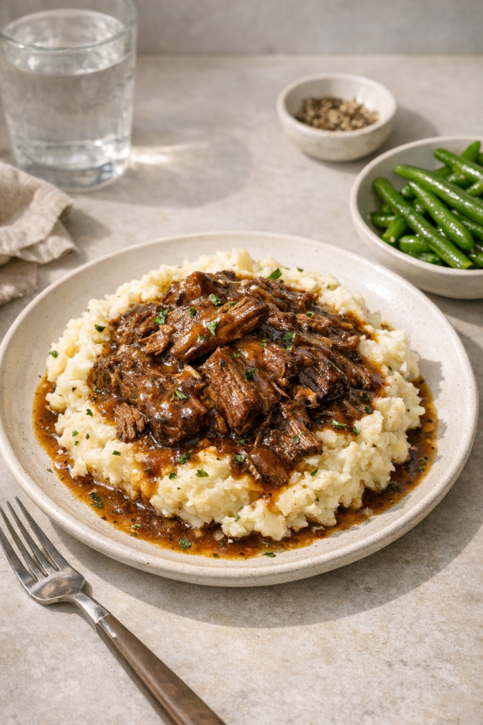 Photorealistic vertical 2:3 image of plated slow-cooked beef and gravy over garlic mashed potatoes with a simple green side on a neutral table, natural window light, soft shadows, US food photography, realistic and appetizing, no text, no logo, no watermark, 2200px height