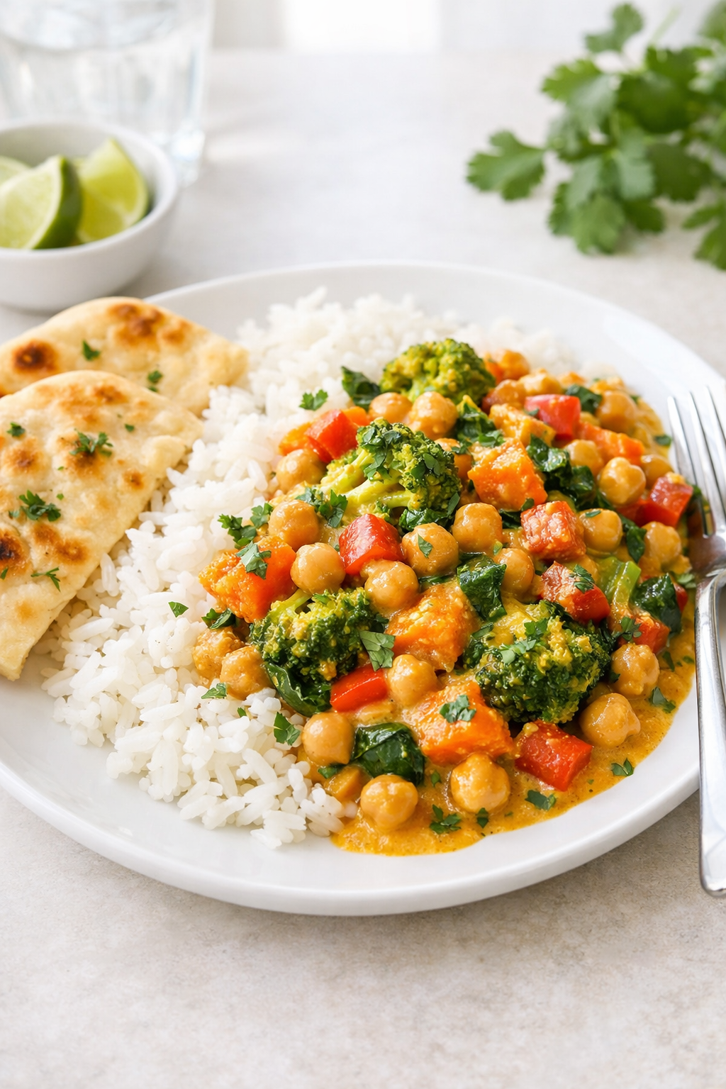 Photorealistic vertical 2:3 image of a plated serving of vegetable and chickpea coconut curry over rice on a simple white plate with naan on the side, bright natural window light, clean background, vibrant colors, realistic US food photography, 2200px height, no text, no logo, no watermark