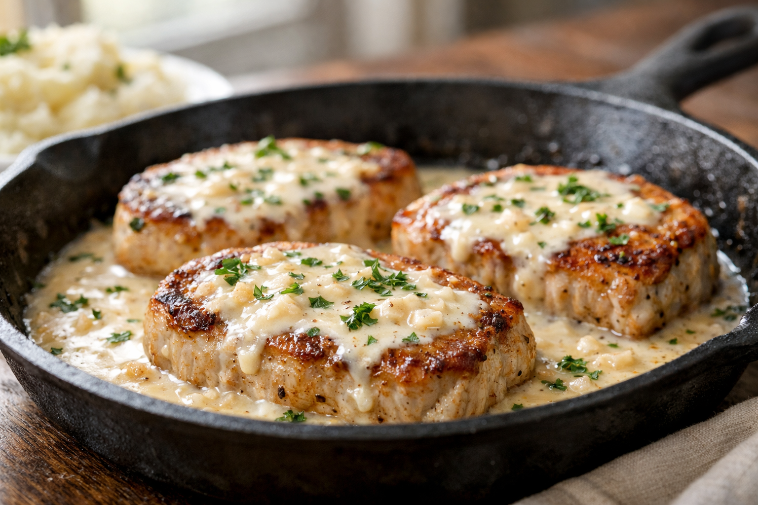 Skillet Pork with Garlic Cream Sauce (30 Minutes)