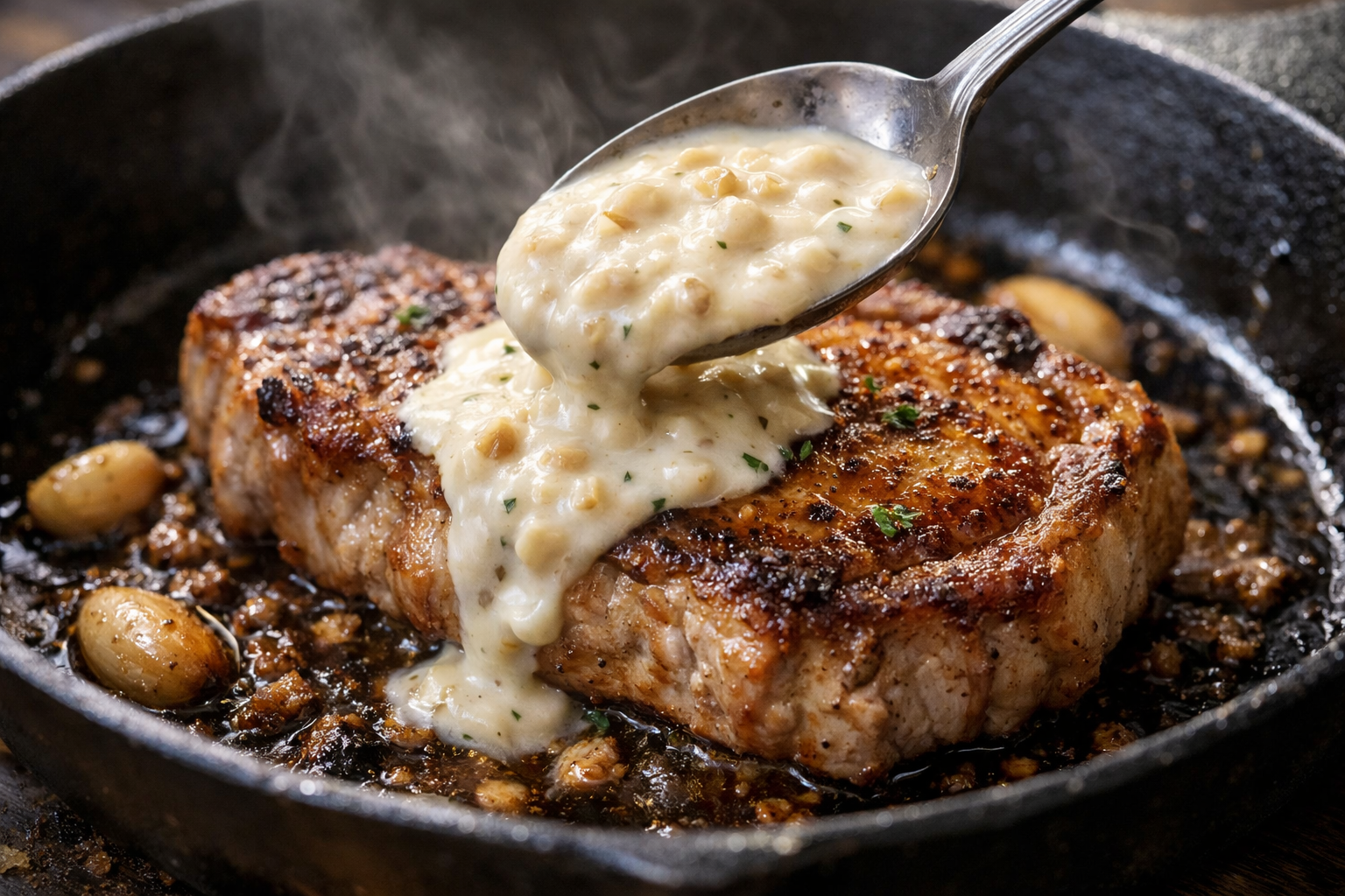 Skillet Pork with Garlic Cream Sauce (30 Minutes)