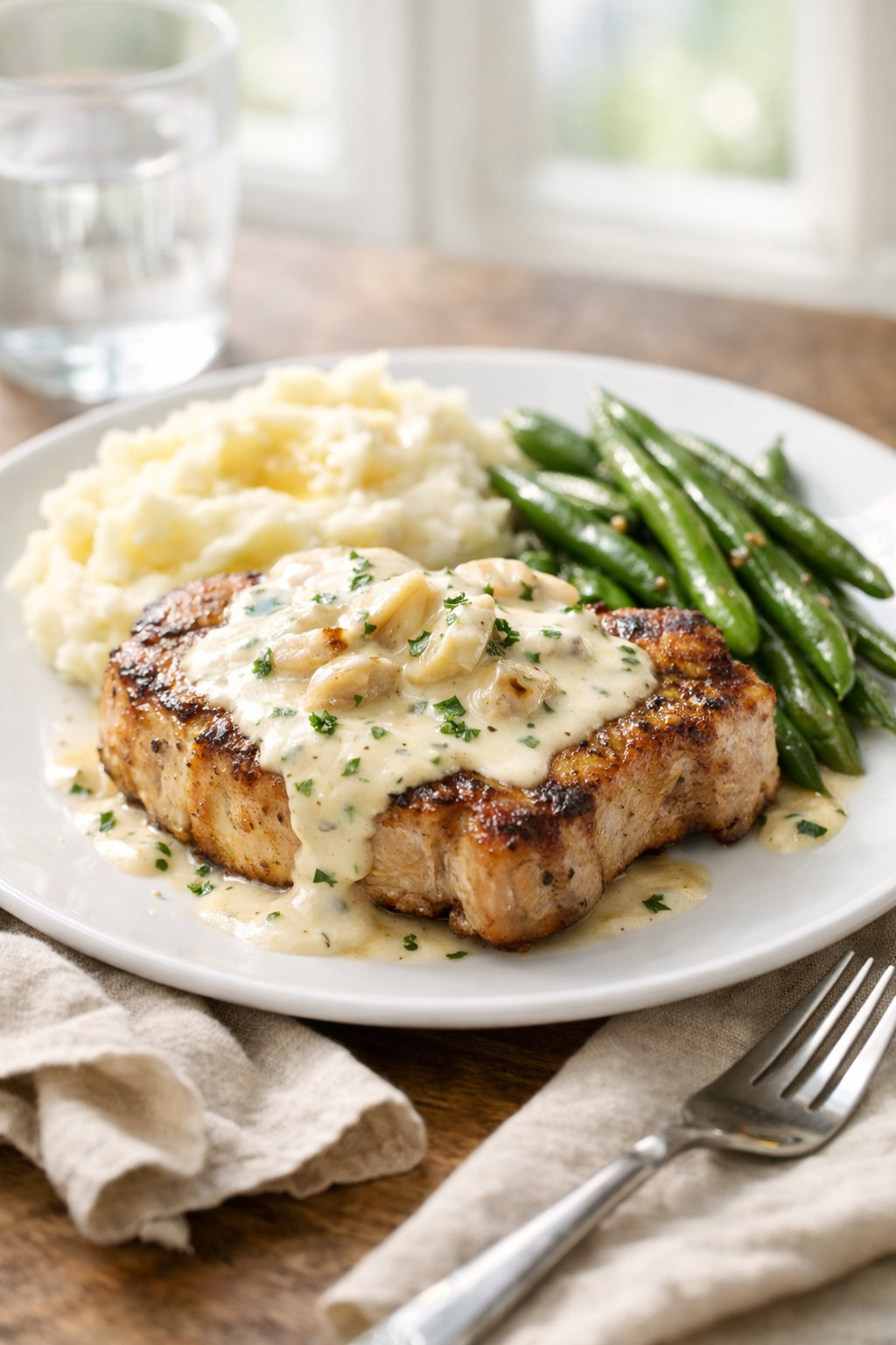 Photorealistic vertical 2:3 image of plated pork chop topped with garlic cream sauce on a white plate with mashed potatoes and green beans, linen napkin and fork styling, bright natural window light, shallow depth of field, US food photography, no text, no logo, no watermark