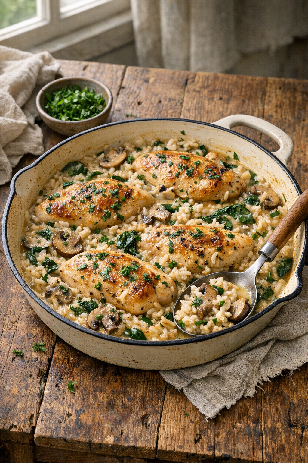 Oven-Baked Chicken with Creamy Rice (One-Pan)