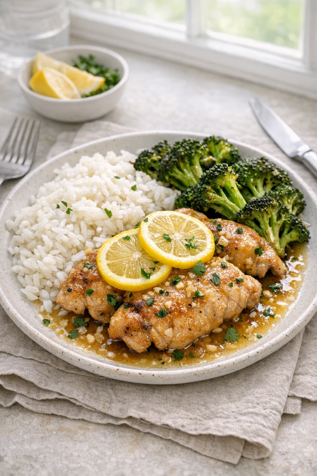 Photorealistic vertical 2:3 image of slow cooker lemon garlic chicken plated with rice and roasted broccoli, sauce glistening, lemon slices and parsley, neutral linen and simple utensils, bright natural window light, realistic US food photography, no text, no logo, no watermark