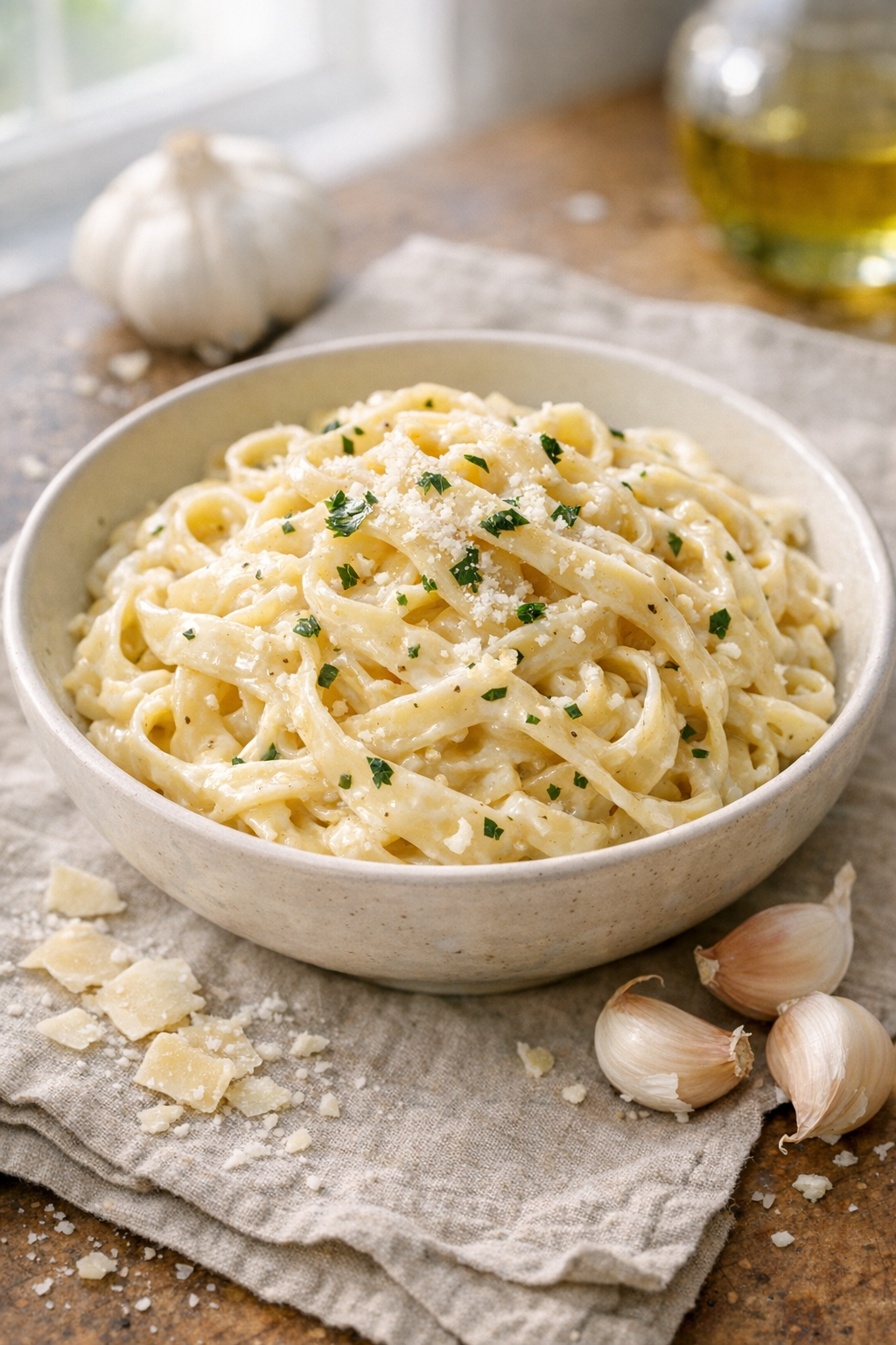 Photorealistic vertical 2:3 shot of a plated bowl of creamy garlic pasta on a linen napkin with scattered parmesan and garlic cloves nearby, bright natural window light, appetizing glossy sauce, shallow depth of field, US food photography, 2200px height, no text, no logo, no watermark