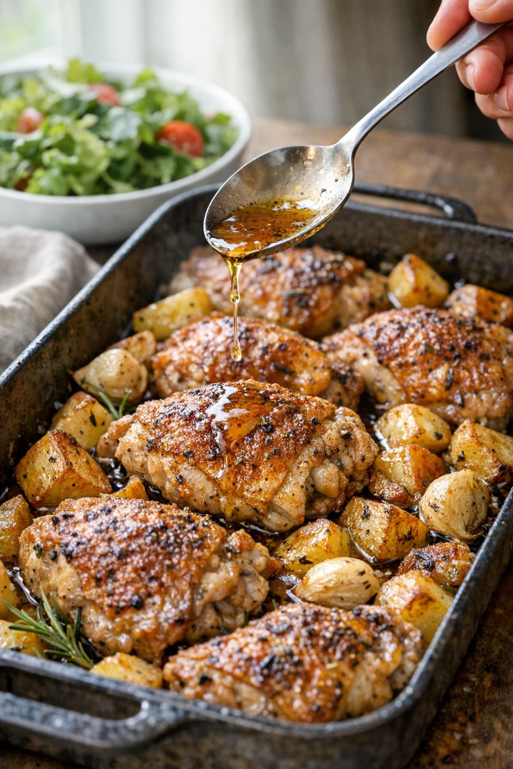 Photorealistic vertical 2:3 shot (Pinterest style) of a one-pan chicken and potato bake served family-style with a spoon drizzling pan juices over crispy chicken and roasted potatoes, linen napkin and simple salad blurred in background, natural window light, realistic appetizing US food photography, no text, no logo, no watermark