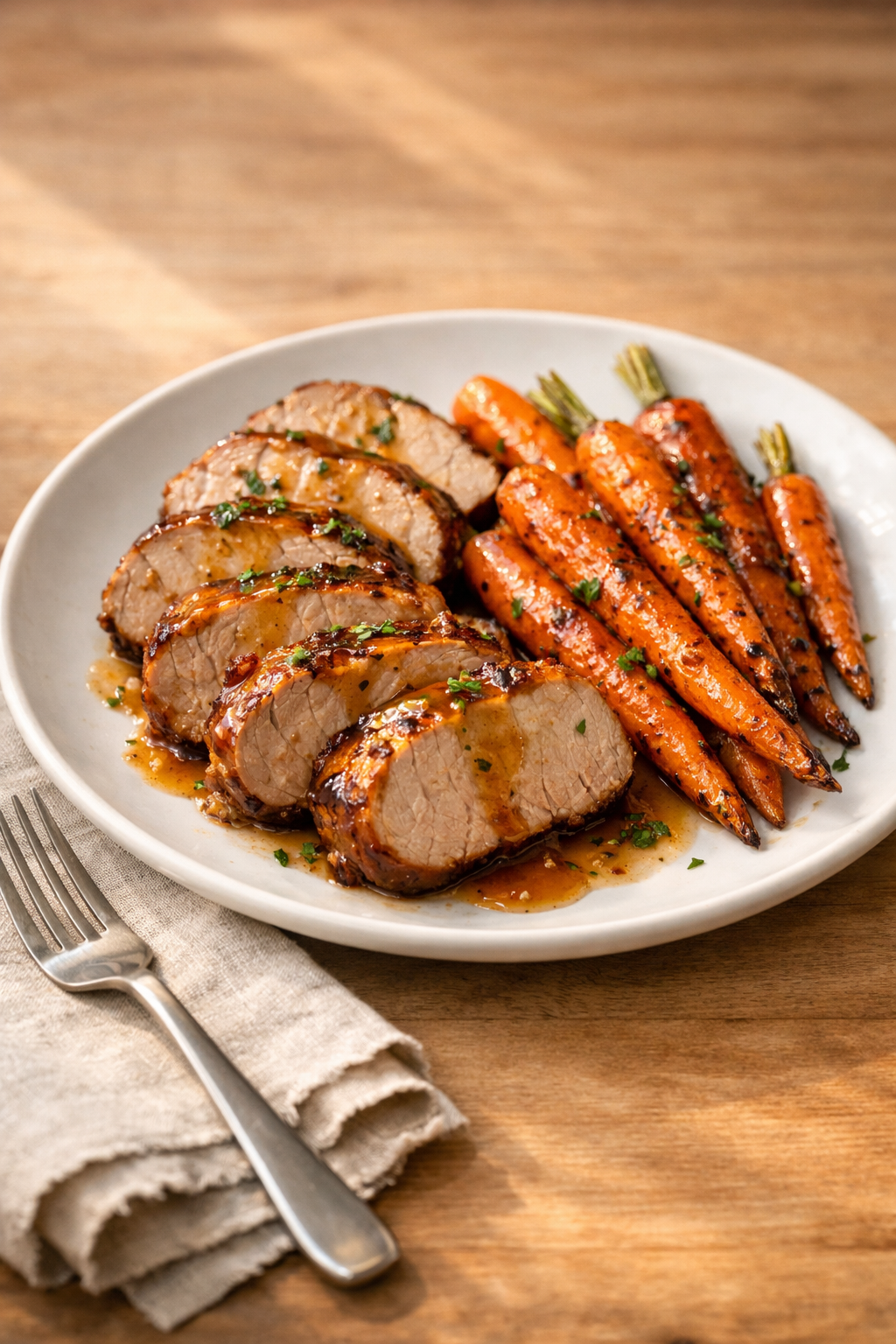 Photorealistic vertical 2:3 plated dinner scene of maple Dijon pork tenderloin slices with roasted carrots on a dinner plate, simple linen napkin and fork, warm natural light, clean background, US food photography, realistic appetizing styling, no text, no logo, no watermark, 2200px height
