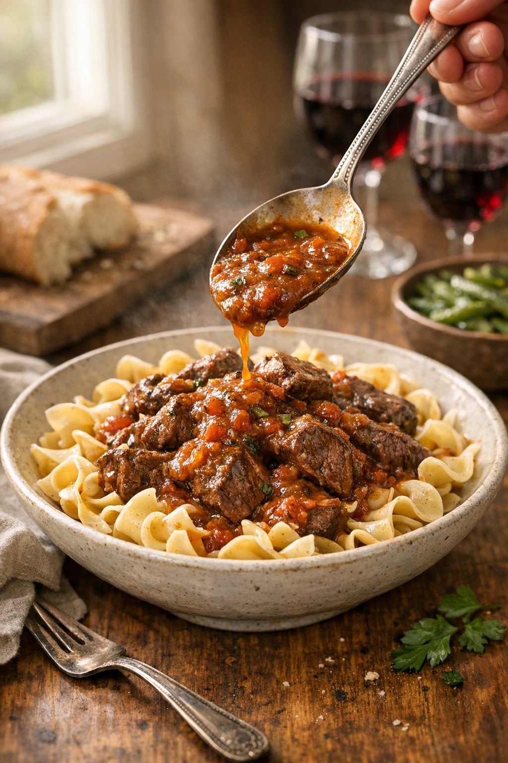 Photorealistic vertical 2:3 US food photography (approx 2200px height) of a cozy dinner setup featuring slow cooker beef with tomato herb gravy over egg noodles, gravy being spooned from above, warm natural window light, shallow depth of field, no text, no logo, no watermark