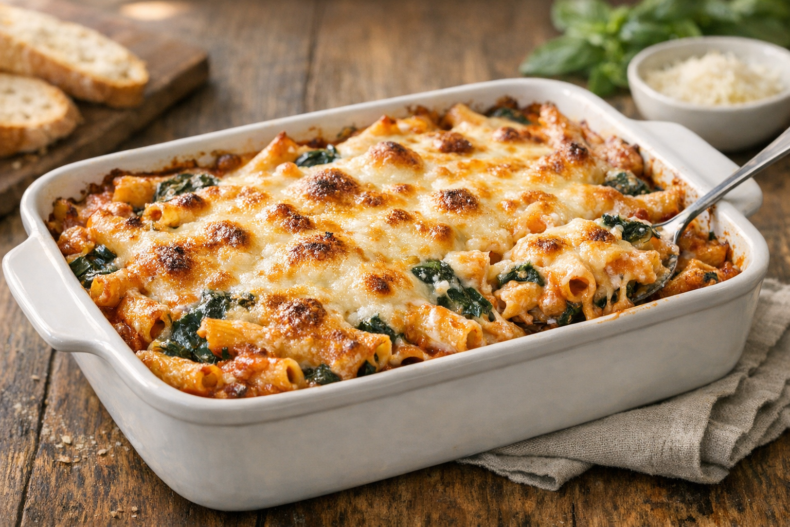 Baked Creamy Ziti with Spinach and Mozzarella