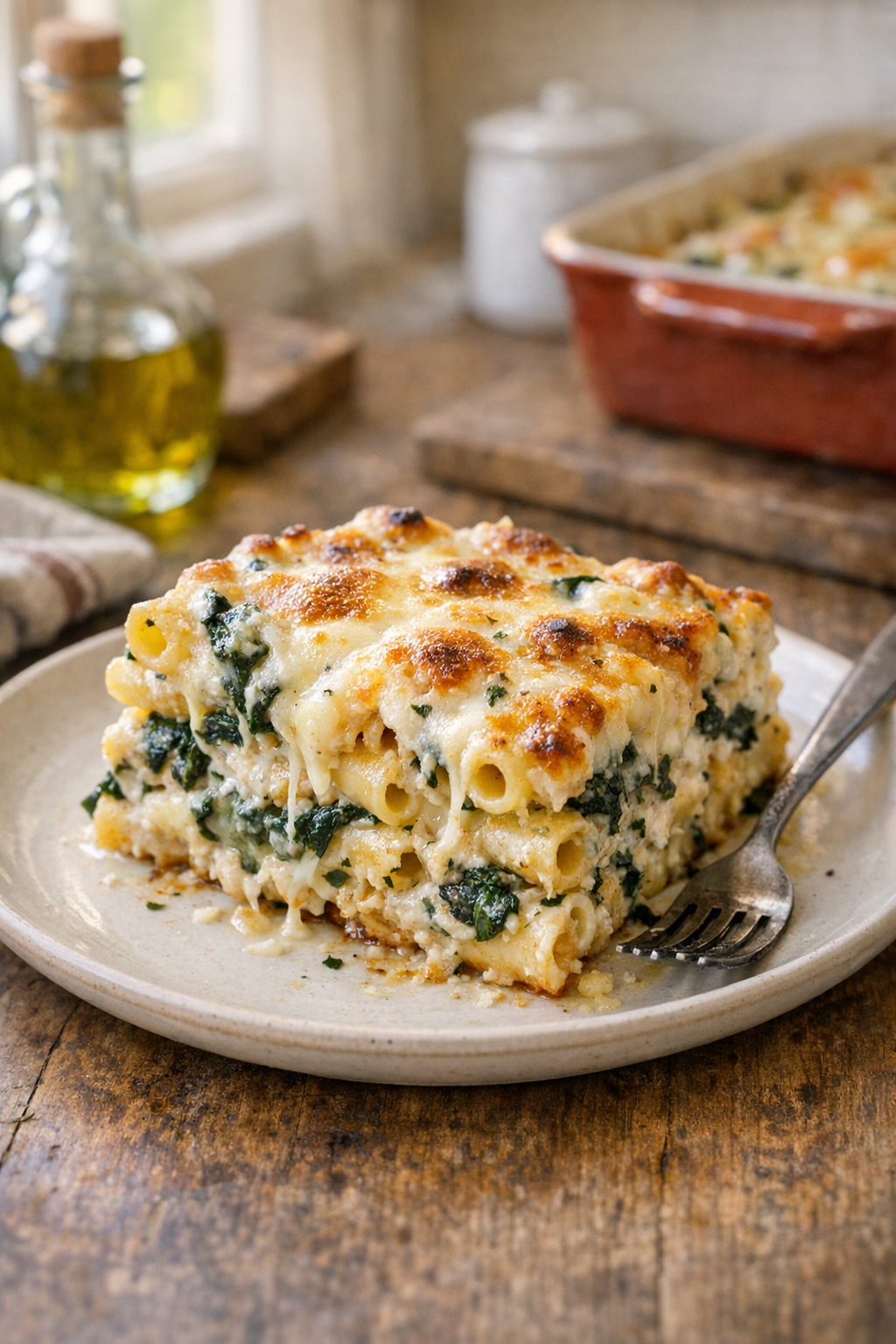 Baked Creamy Ziti with Spinach and Mozzarella