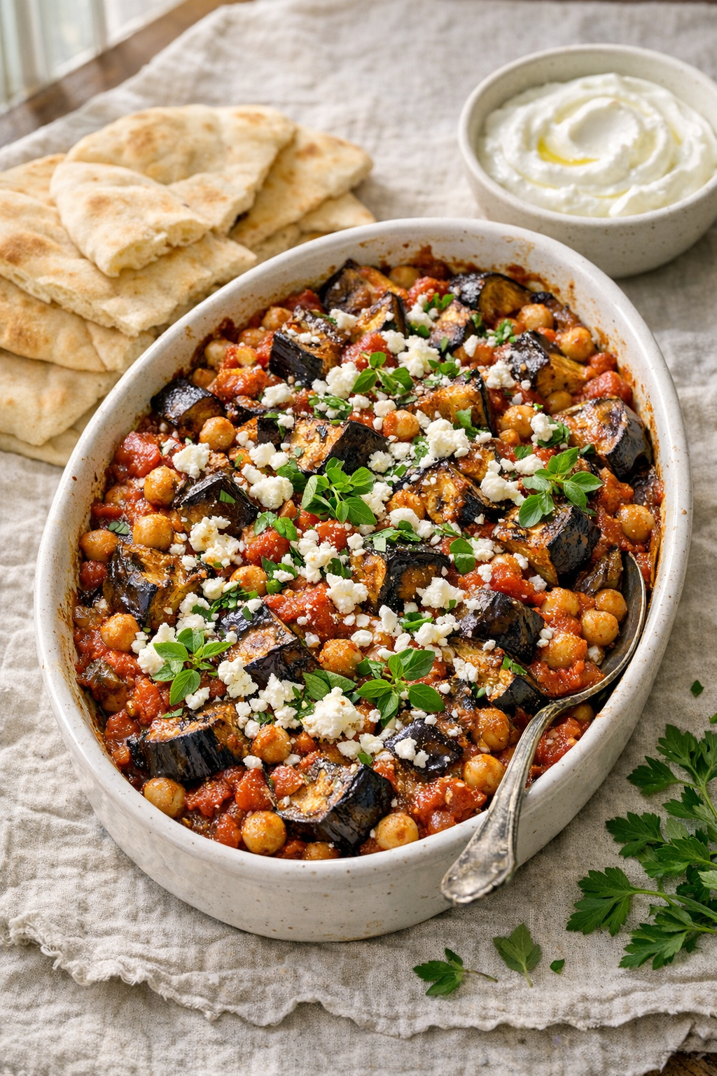 Photorealistic vertical 2:3 image (approx 2200px tall) of the roasted eggplant and chickpea tomato bake served with warm pita and a small bowl of Greek yogurt on a linen backdrop, vibrant herbs and feta on top, cozy natural window light, US food photography, realistic, appetizing, no text, no logo, no watermark