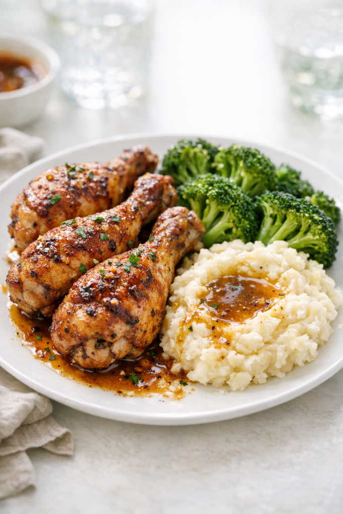 Photorealistic US food photography, natural light, vertical 2:3 composition (2200px height) of a dinner plate with paprika garlic chicken drumsticks, pan jus drizzled, mashed potatoes and a green vegetable on the side, bright airy background, shallow depth of field, no text, no logo, no watermark