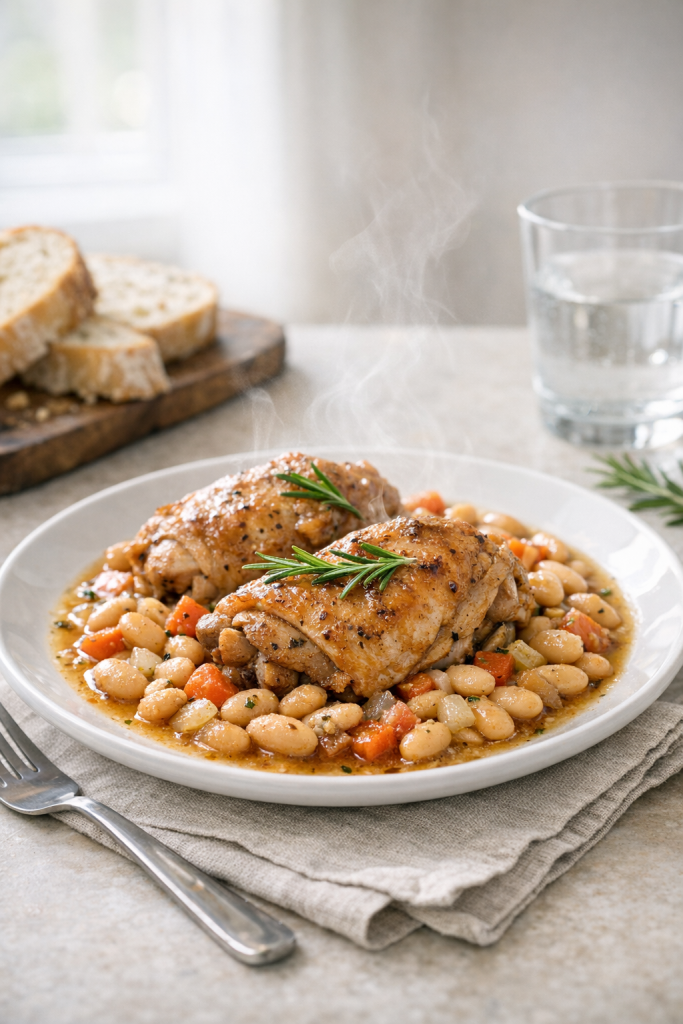 Photorealistic vertical 2:3 image of the plated slow cooker chicken with white beans and rosemary on a neutral table with linen and bread, bright natural window light, appetizing steam, clean background, US food photography, no text, no logo, no watermark, 2200px height