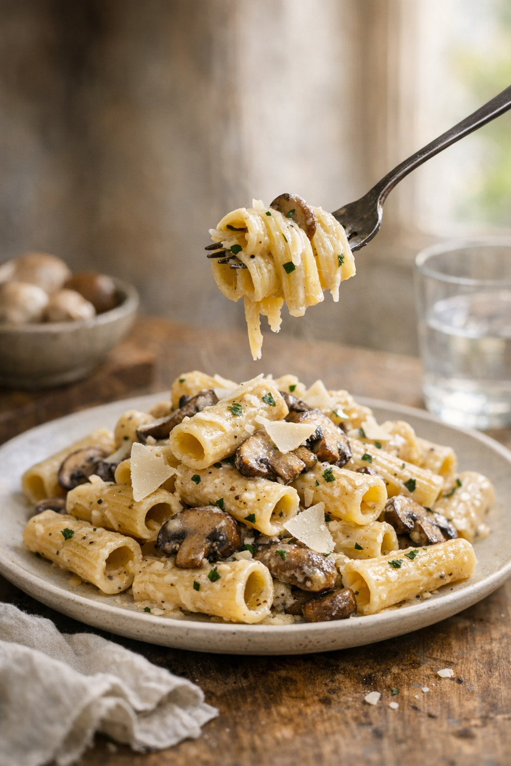 Photorealistic vertical 2:3 image of plated creamy mushroom rigatoni on a neutral ceramic plate with Parmesan shavings and mushrooms, fork twirl lifting pasta, cozy natural window light, minimal props, linen napkin, rustic background, shallow depth of field, US food photography, no text, no logo, no watermark