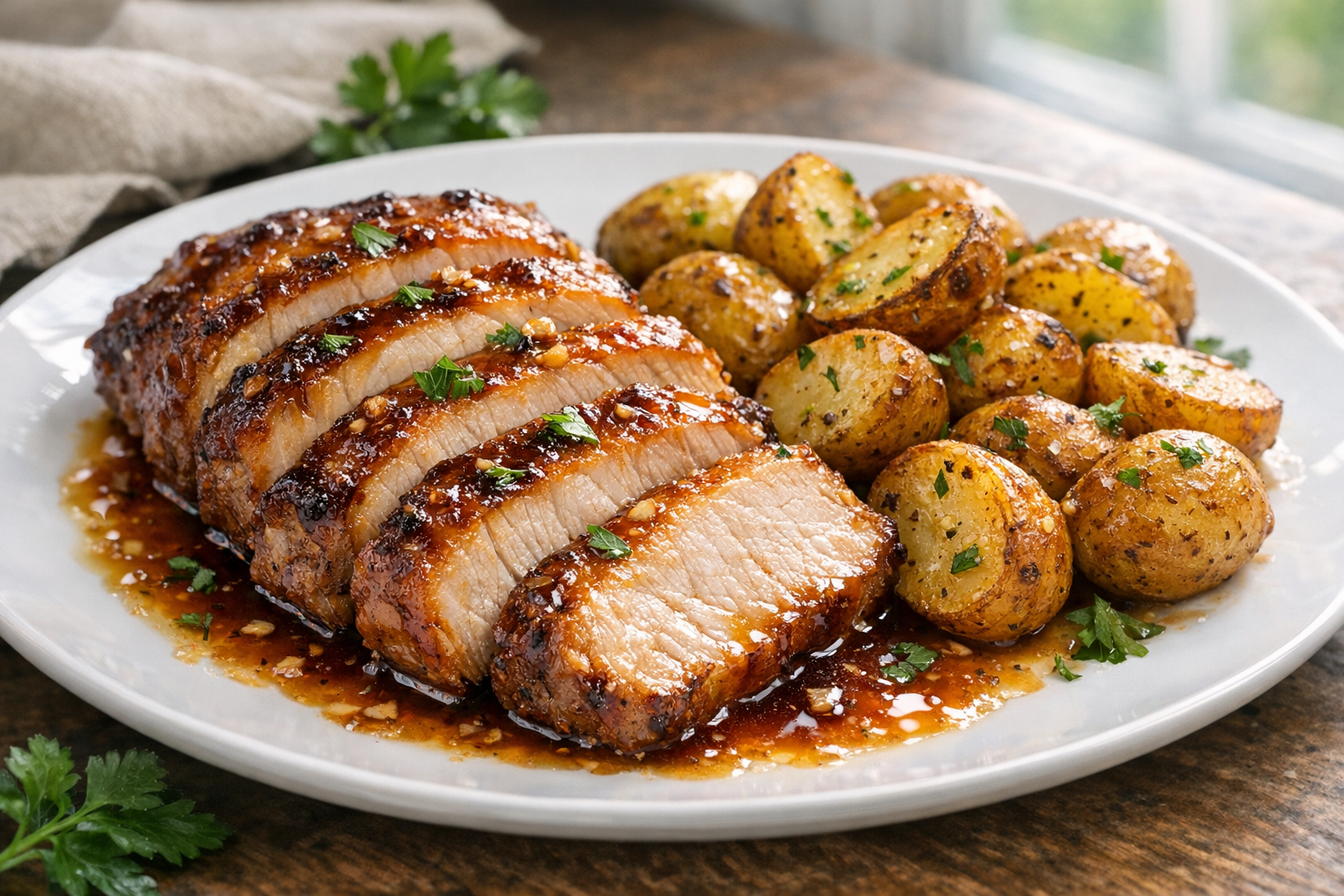 Honey Garlic Pork Loin with Oven Roasted Potatoes