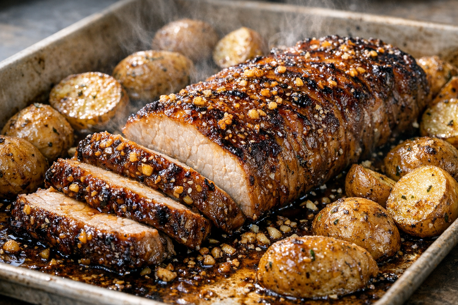Honey Garlic Pork Loin with Oven Roasted Potatoes