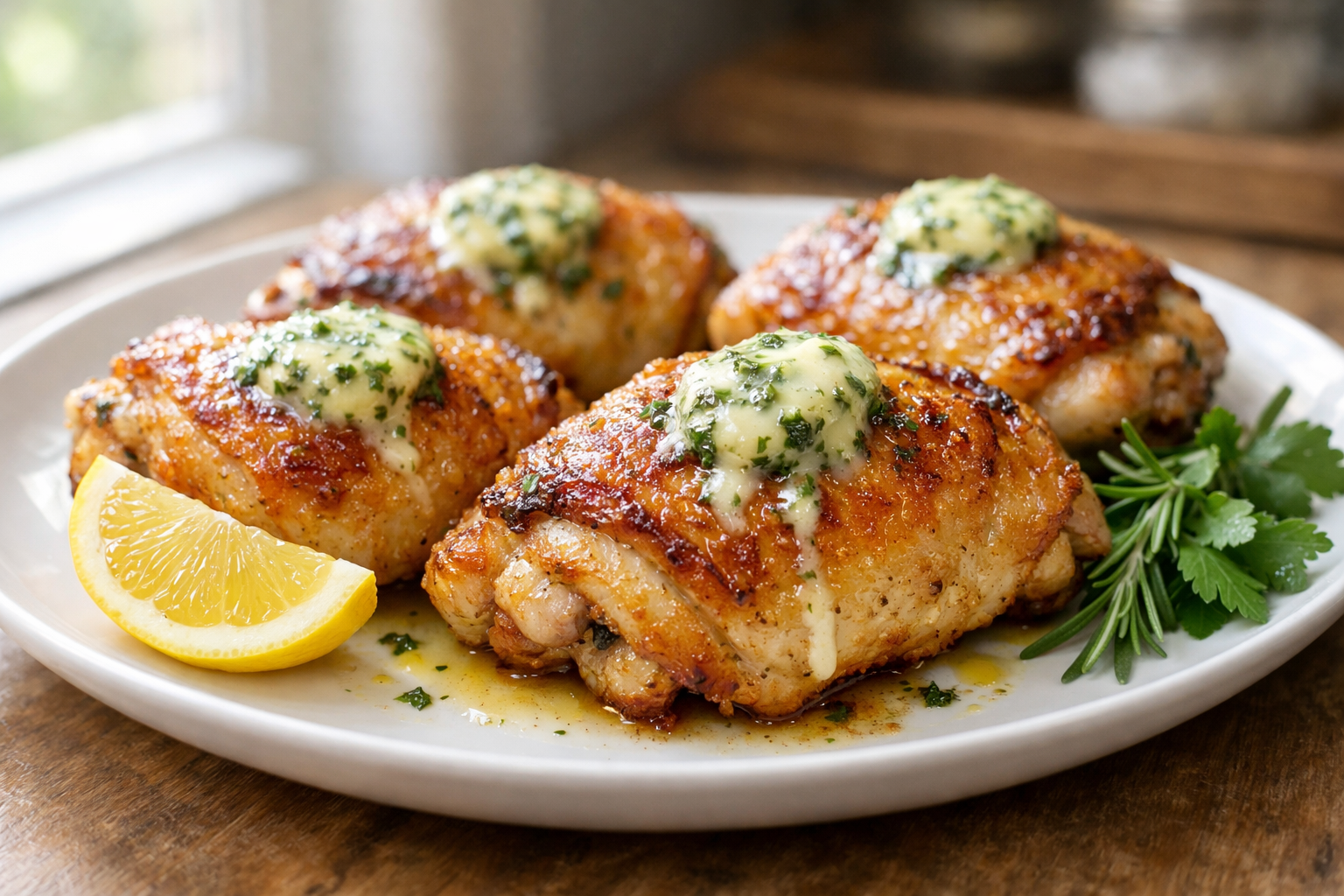 Crispy Oven Chicken Thighs with Herb Butter