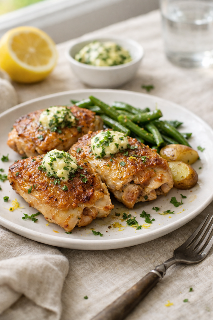 Photorealistic vertical 2:3 US food photography of plated crispy chicken thighs with herb butter, simple weeknight dinner setting with neutral linens and a fork, lemon zest and herbs scattered lightly, natural window light, shallow depth of field, appetizing, no text, no logo, no watermark