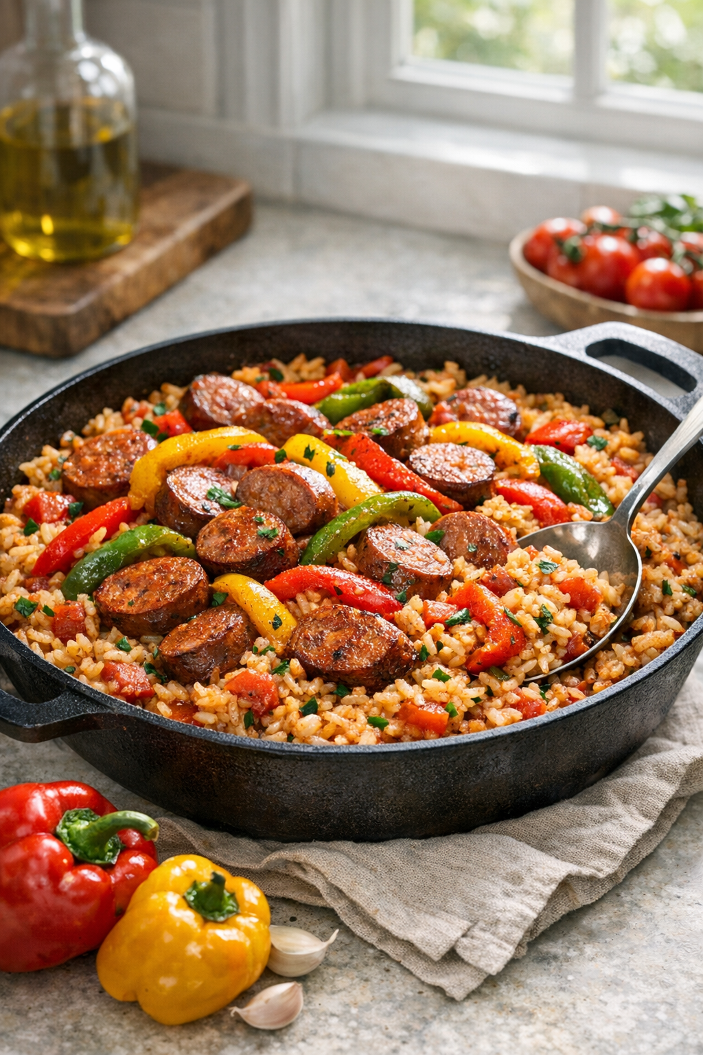One-Pan Sausage and Pepper Rice Bake
