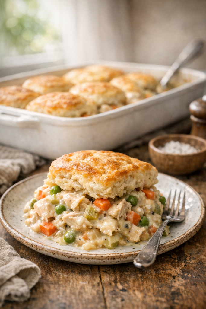 Photorealistic vertical 2:3 shot of chicken and biscuit casserole on a rustic table setting, a plated portion in the foreground with visible biscuit layers and creamy filling, baking dish softly blurred behind, natural window light, US food photography, no text, no logo, no watermark, 2200px height