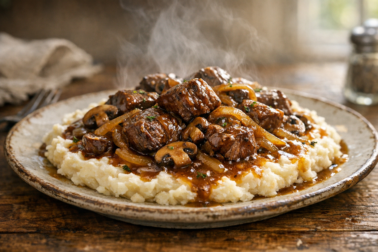 Beef Tips with Mushroom Onion Gravy (Easy Skillet)