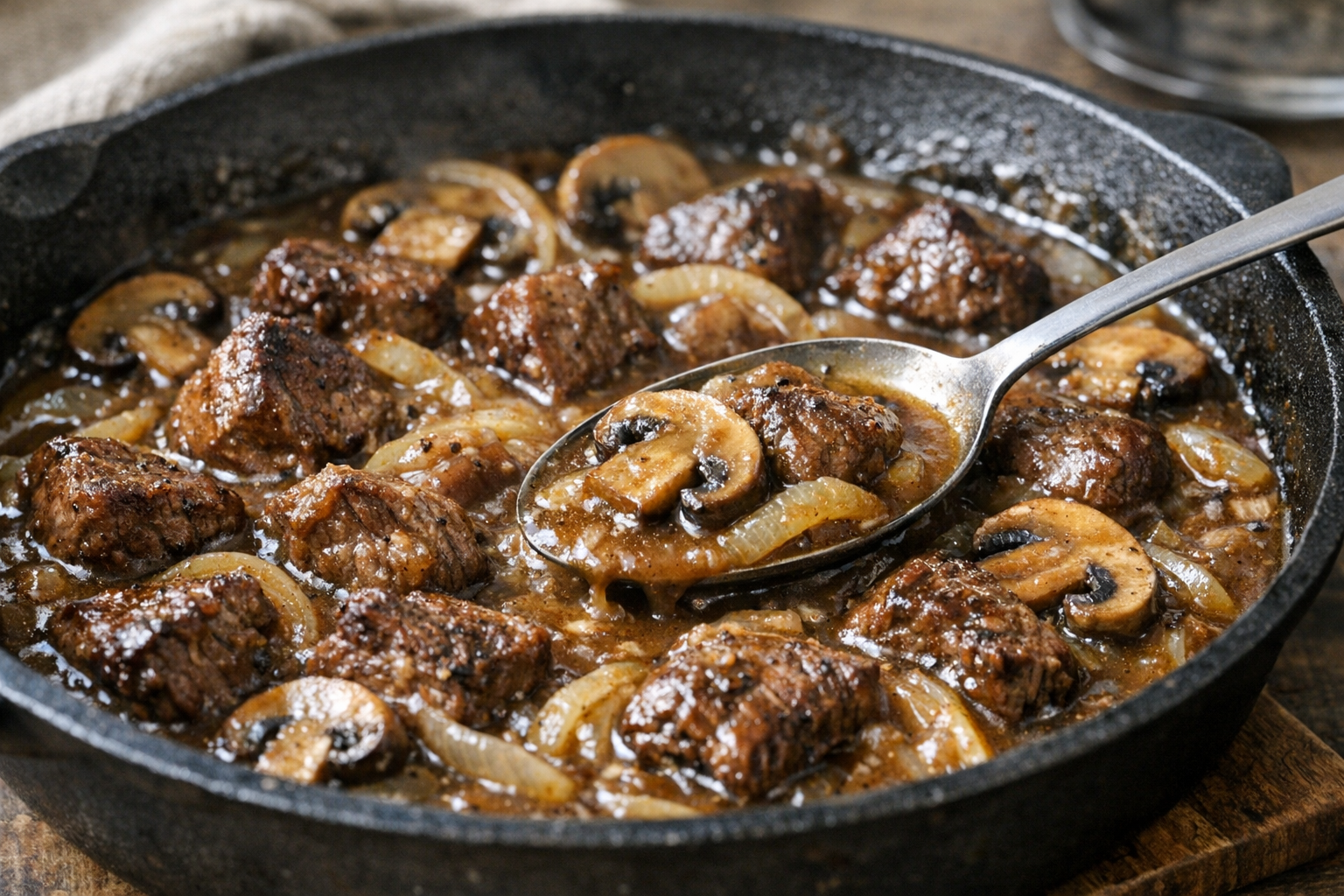 Beef Tips with Mushroom Onion Gravy (Easy Skillet)