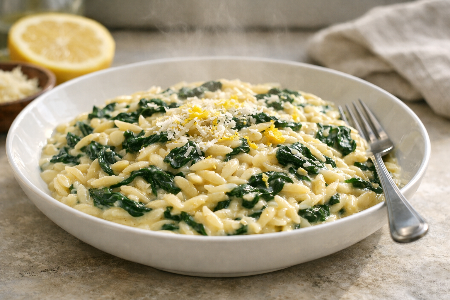 Creamy Lemon Spinach Orzo Pasta (One-Pot)