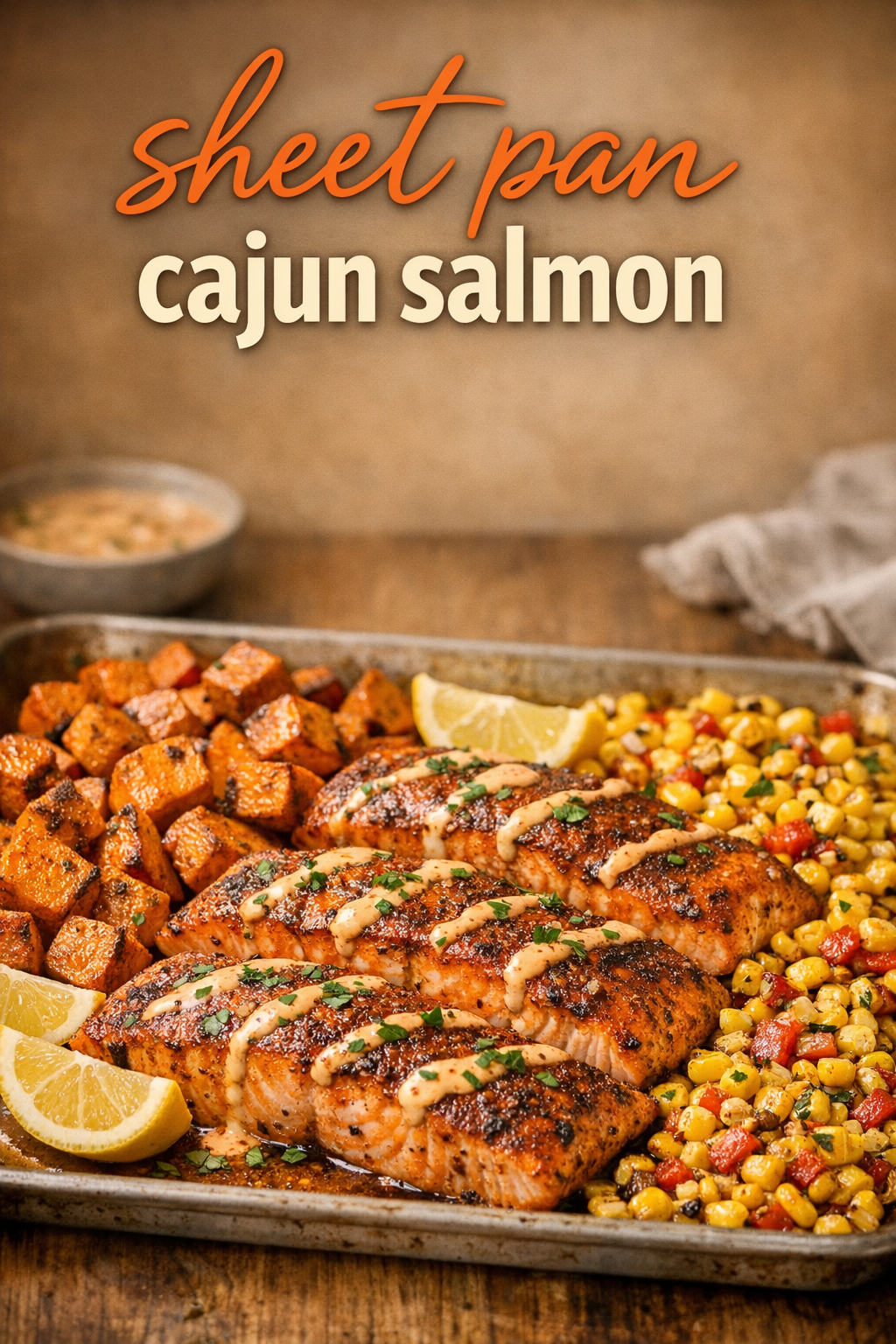 Sheet Pan Cajun Salmon with Roasted Sweet Potatoes and Corn