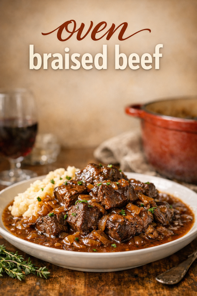 Oven-Braised Beef with Red Wine Onion Gravy