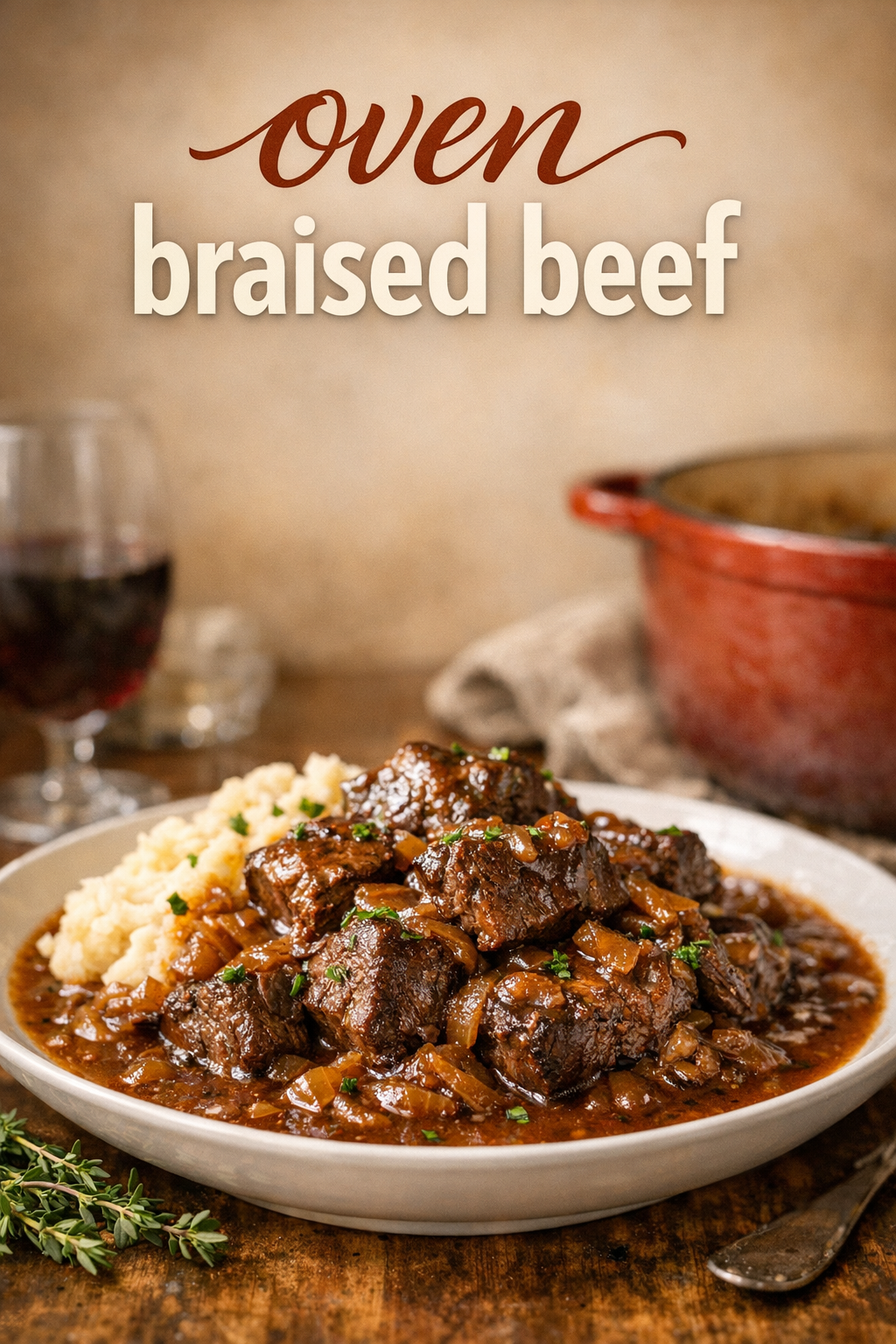 Oven-Braised Beef with Red Wine Onion Gravy