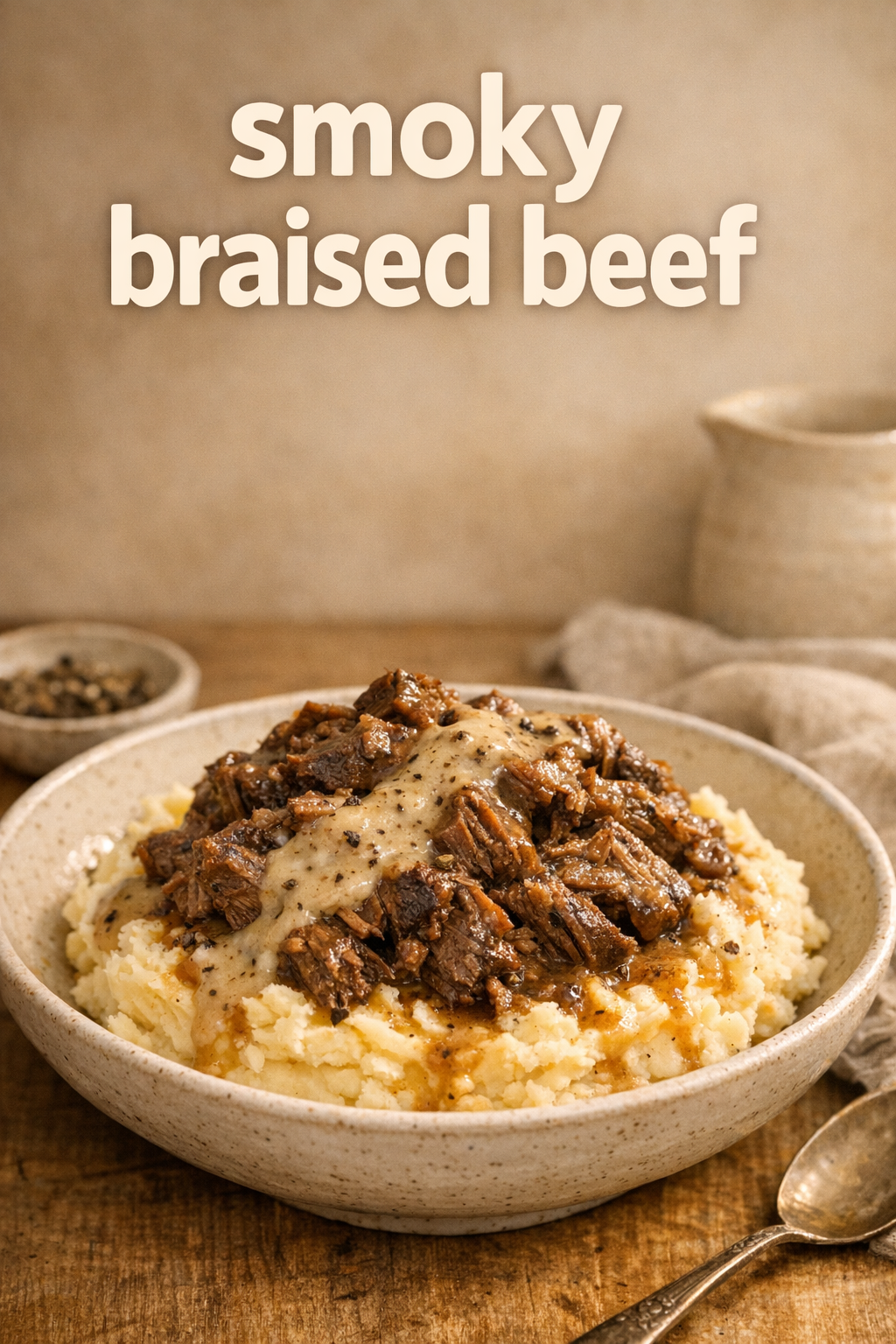 Smoky Braised Beef and Cheddar Mash with Pepper Gravy