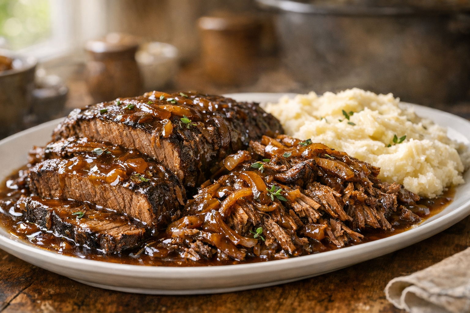 Braised Beef Pot Roast with Red Wine Onion Gravy