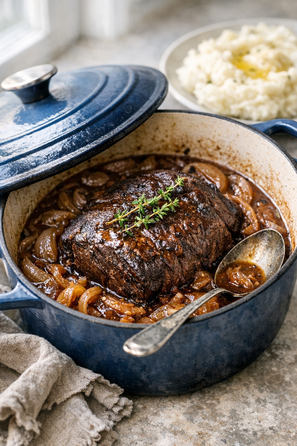 Braised Beef Pot Roast with Red Wine Onion Gravy