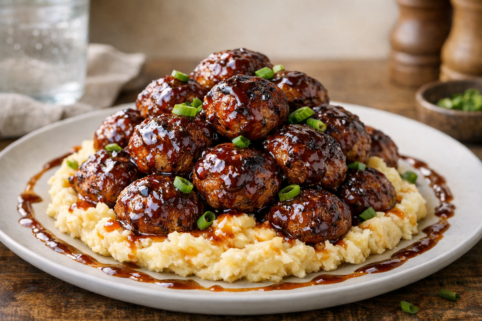 BBQ Turkey Meatballs with Cheddar Mashed Potatoes