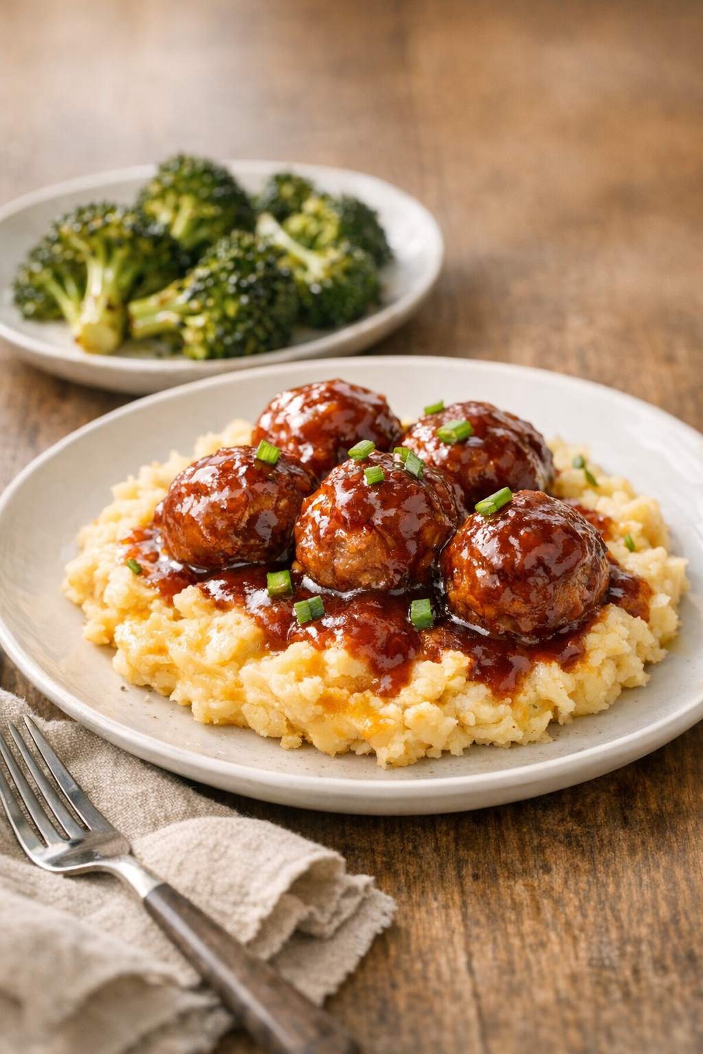 BBQ Turkey Meatballs with Cheddar Mashed Potatoes