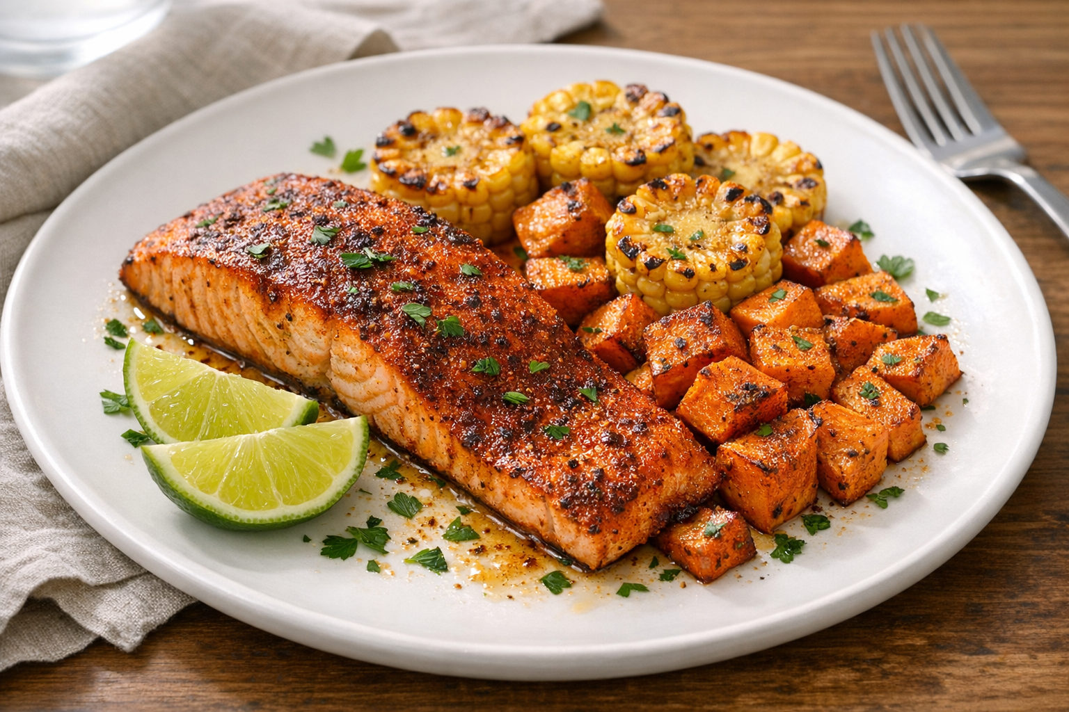 Sheet Pan Cajun Salmon with Sweet Potatoes & Corn