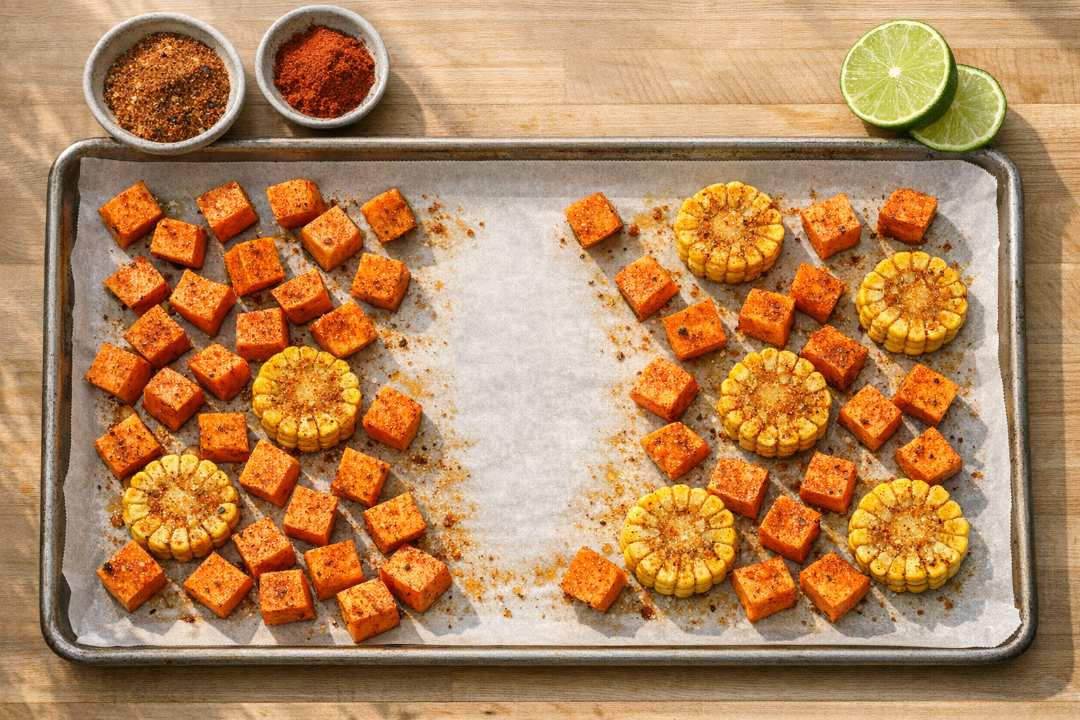 Sheet Pan Cajun Salmon with Sweet Potatoes & Corn