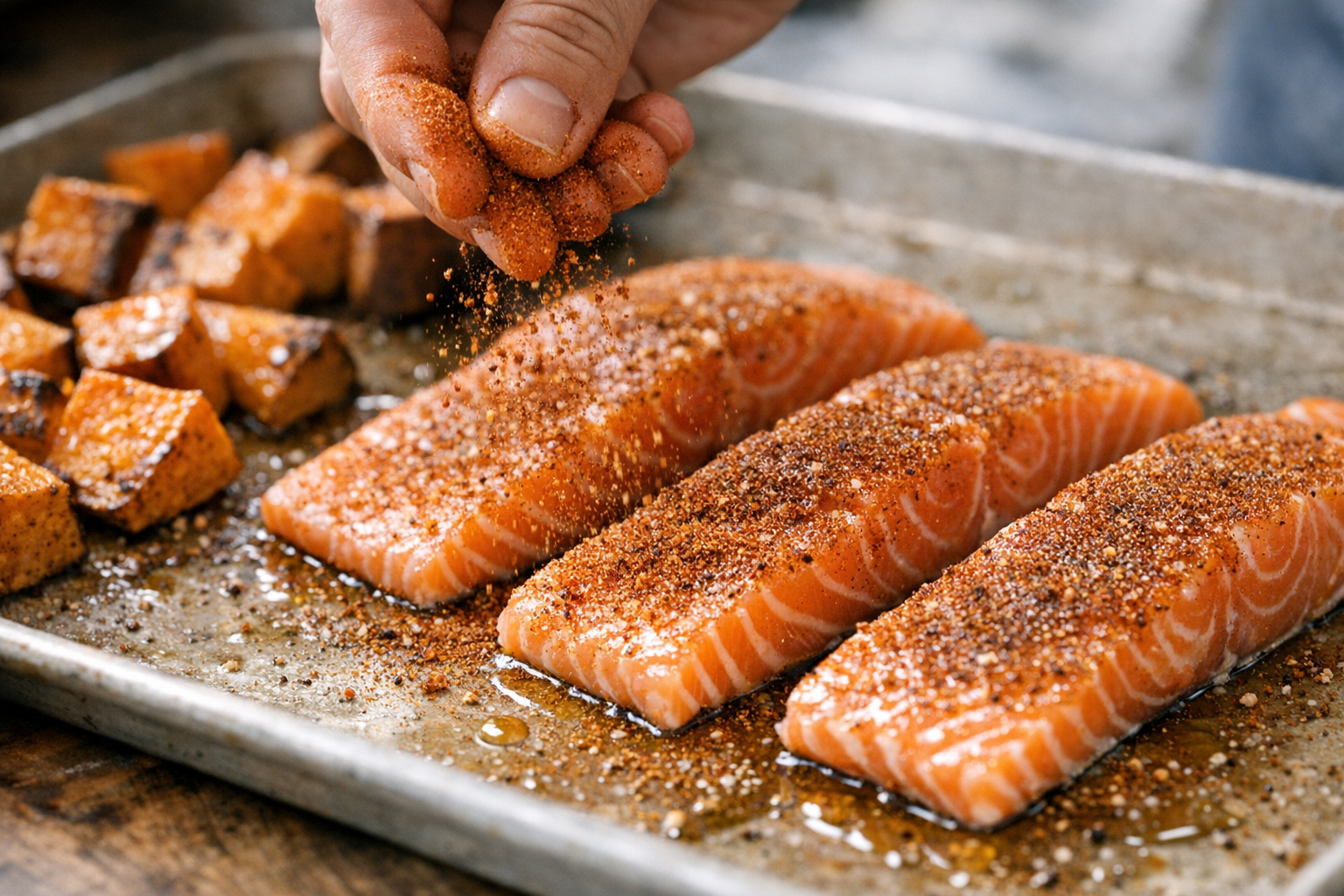 Sheet Pan Cajun Salmon with Sweet Potatoes & Corn