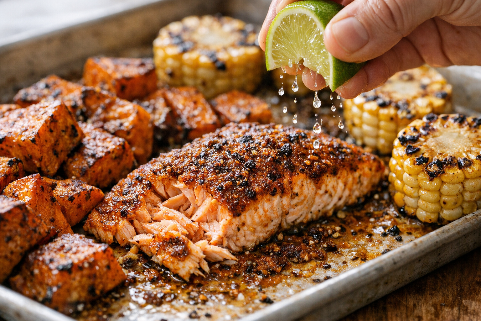 Sheet Pan Cajun Salmon with Sweet Potatoes & Corn