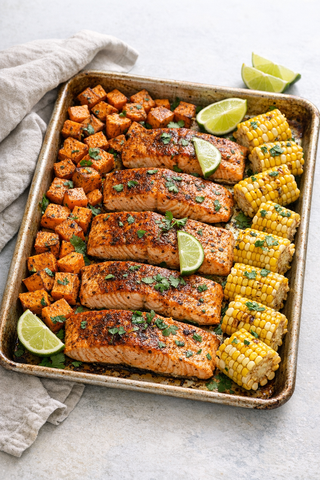 Sheet Pan Cajun Salmon with Sweet Potatoes & Corn