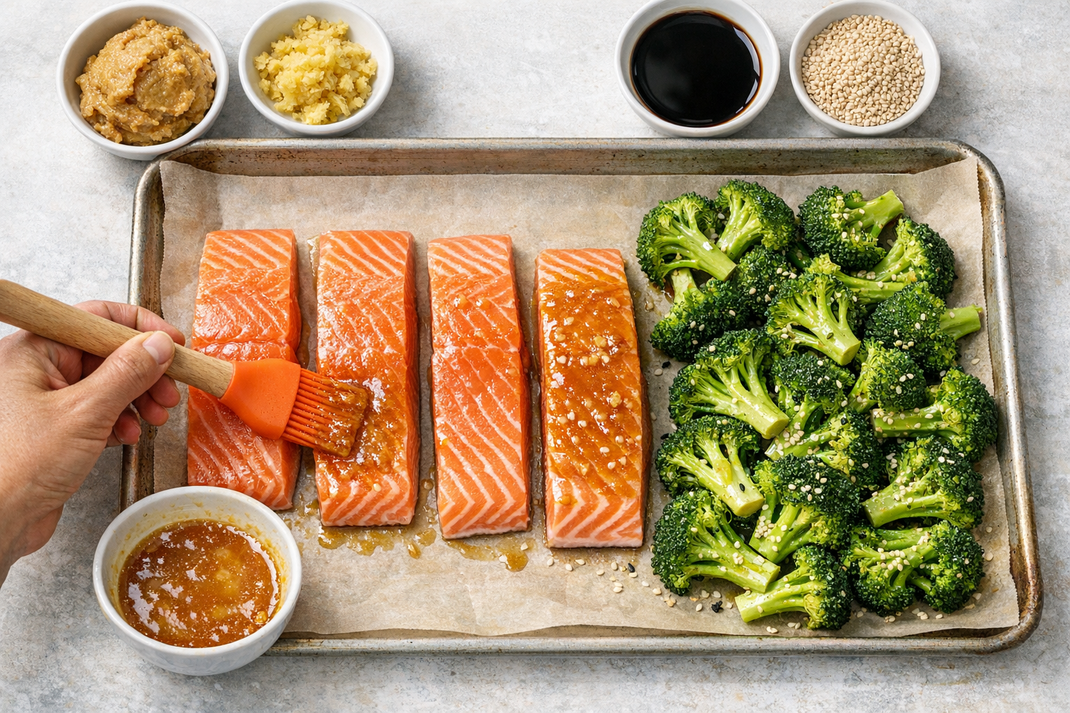 Baked Miso Ginger Salmon with Sesame Broccoli