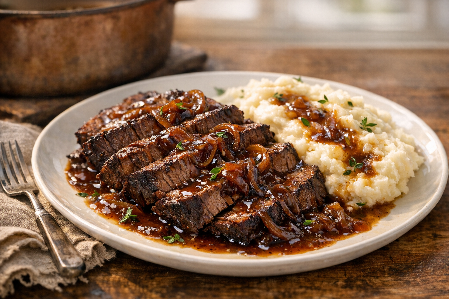 Oven-Braised Beef with Red Wine Onion Gravy