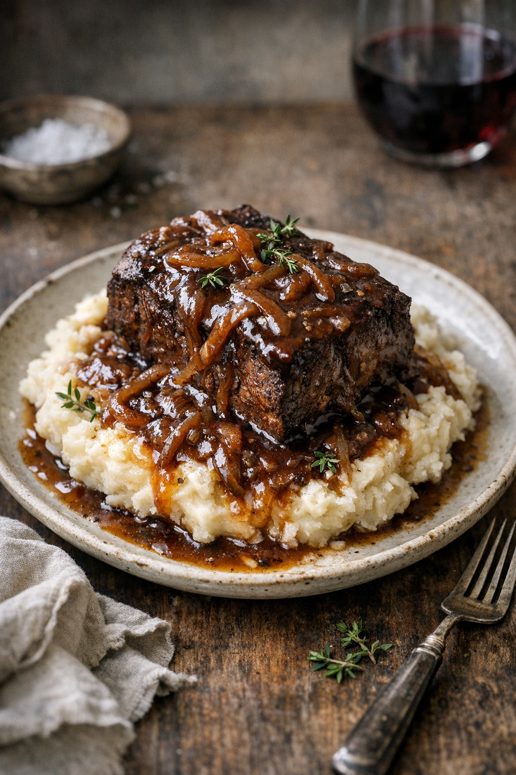 Oven-Braised Beef with Red Wine Onion Gravy