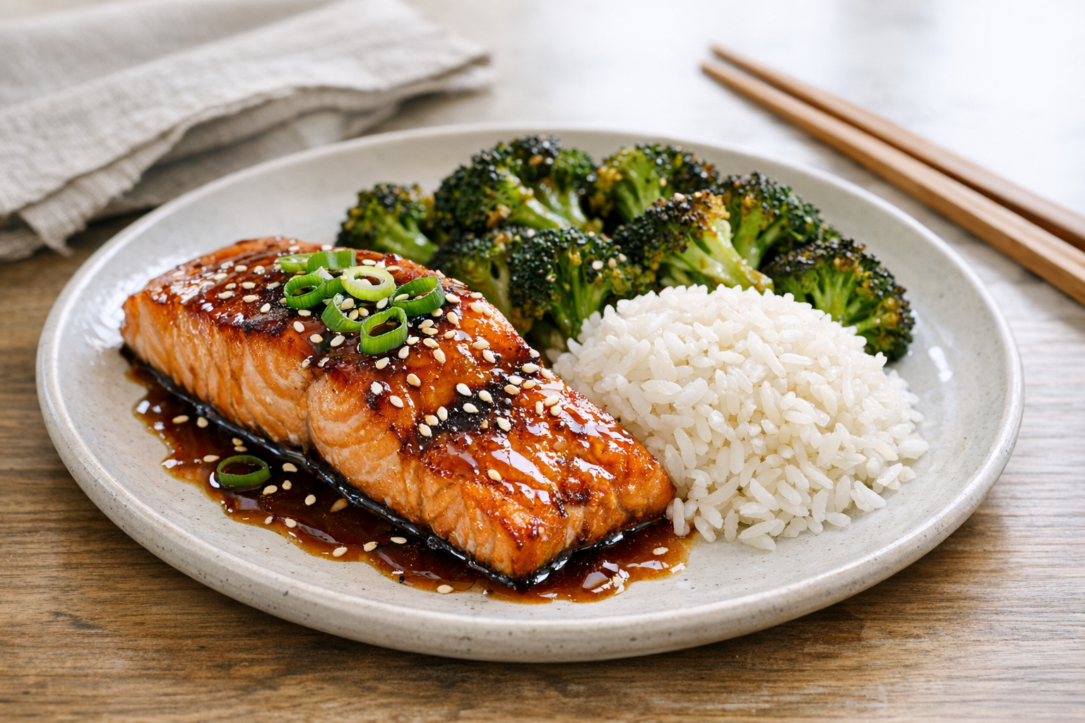 Baked Teriyaki Salmon with Roasted Broccoli & Rice